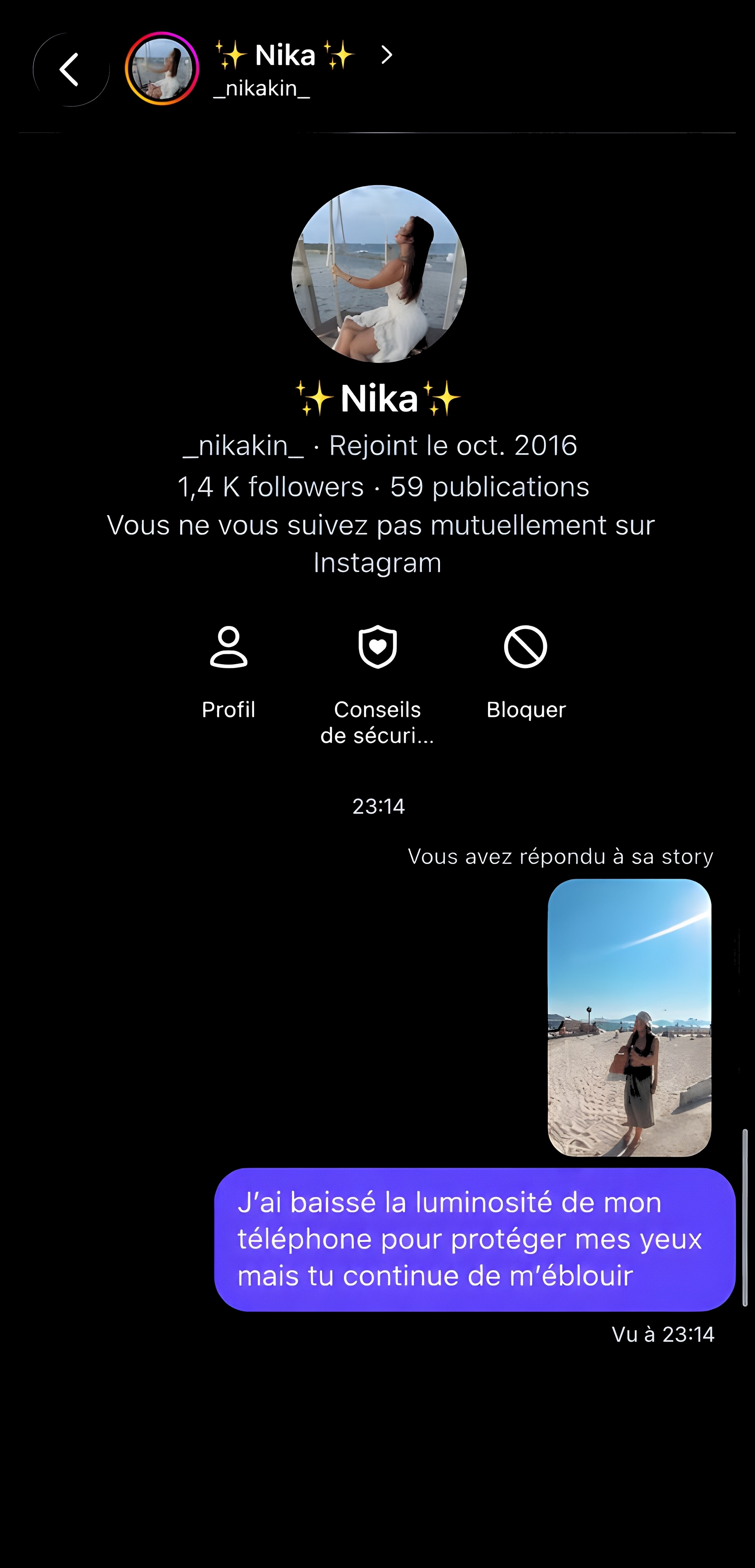 DM Instagram : message envoyé, vu à 23:14, jamais répondu
